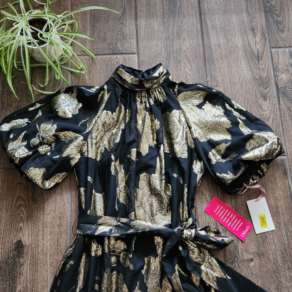 NWT Alex Marie Black Gold Rose Floral Print Black Ruffle Midi Puff Sleeve Dress - Picture 3 of 14
